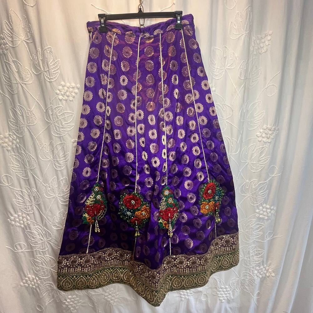 Vintage Indian Purple Green Gold Sari Multi Color Long Skirt S M